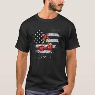 Camiseta Laço Coquete Cerejas Vermelhas EUA Patriótico Cora