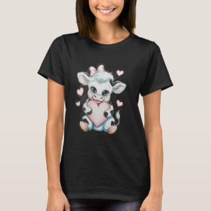 Camiseta Laço Coquete Rosa Vaca Preta e Branca Segurando Co