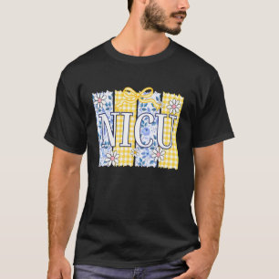 Camiseta Laço Coquette Xadrez Floral Azul Amarelo UTI Neona