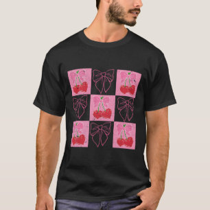 Camiseta Laço de Fita Coquete Cereja Xadrez Rosa do Dia dos