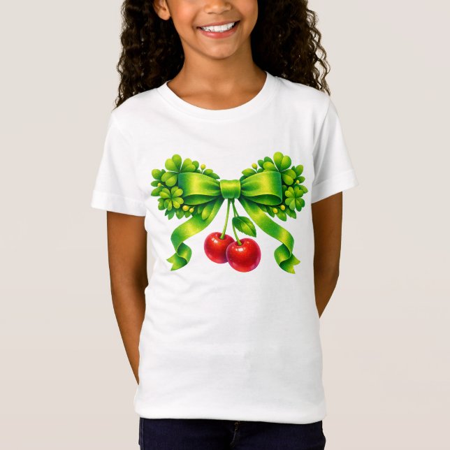 Camiseta Laço de Trevo Sortudo com Cerejas Design Verde (Frente)