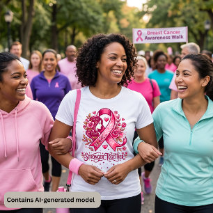 Camiseta Laço Rosa Mais Forte Juntos Floral Câncer de Mama