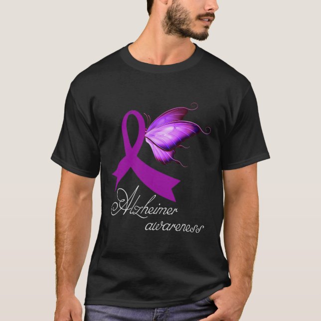 Camiseta Laço Roxo e Borboleta de Conscientização de Heimer (Frente)