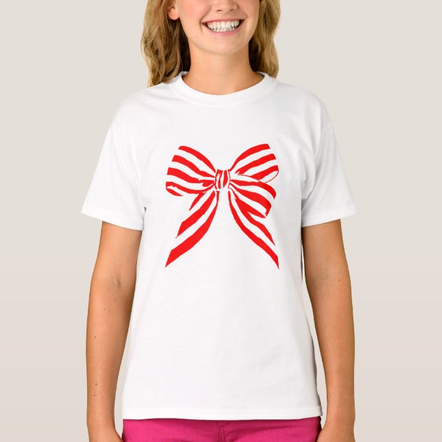 Camiseta Laço simples fofo listrado de vermelho (Frente)
