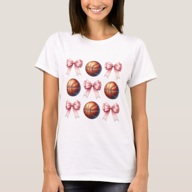Camiseta Laços Rosa e Desenho de Bolas de Basquete Tendênci (Frente)