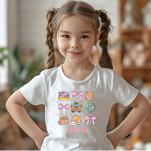 Camiseta Laços Rosa Escola Suprimentos Escolares Nome Perso