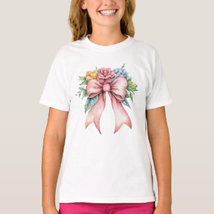 Camiseta Laços Rosa Florais Aquarela Flores Coquette Menina