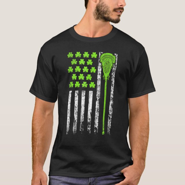 Camiseta Lacrosse American Flag St Patrick Day For Men Boy  (Frente)