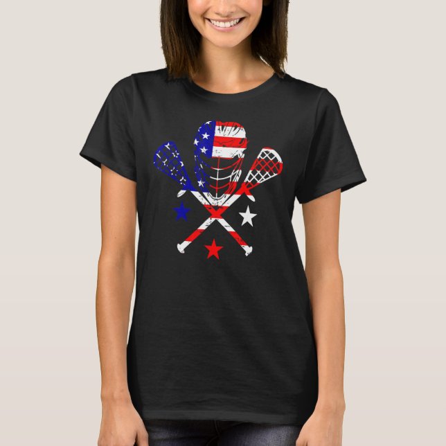 Camiseta Lacrosse Helmet Sticks American Flag 4 De Julho L (Frente)