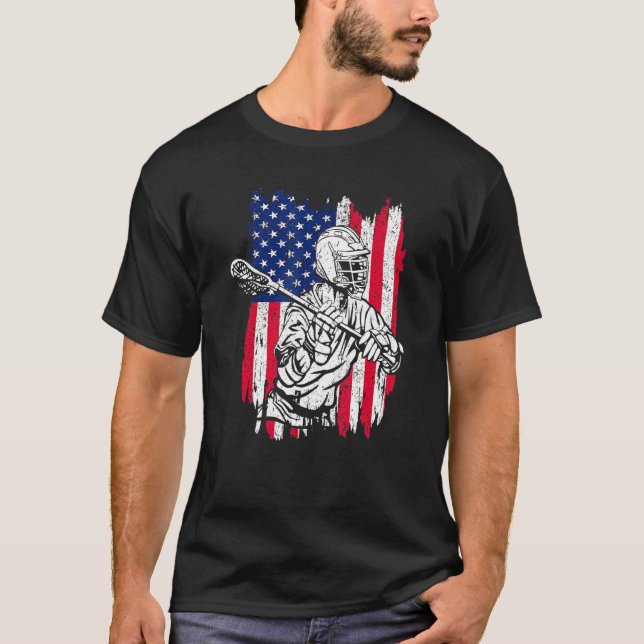 Camiseta Lacrosse Lax Helmet E Stick American Flag 4th O (Frente)