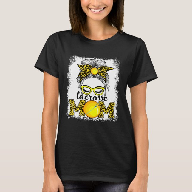 Camiseta Lacrosse Mom Mother's Day Game Day Messy Bun Leopa (Frente)