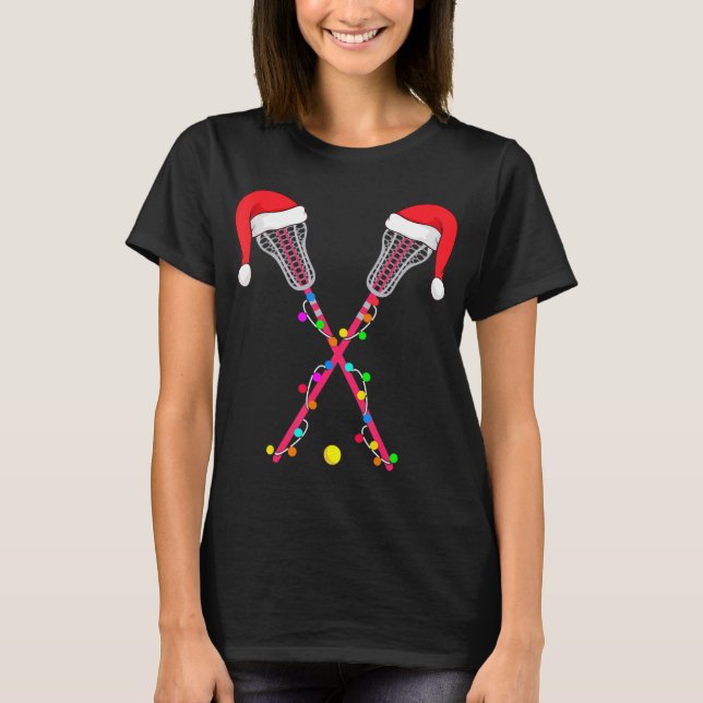 Camiseta Lacrosse Santa Hat Christmas Lights Fun Sport Xmas (Frente)