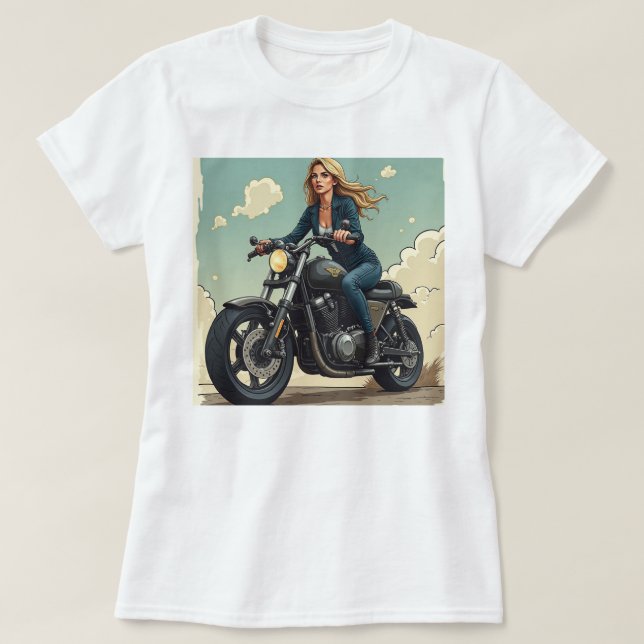 Camiseta Lady Biker On The Road (Frente do Design)