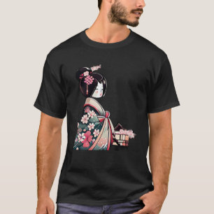 Camiseta Lady Geisha japonesa com flores de cereja