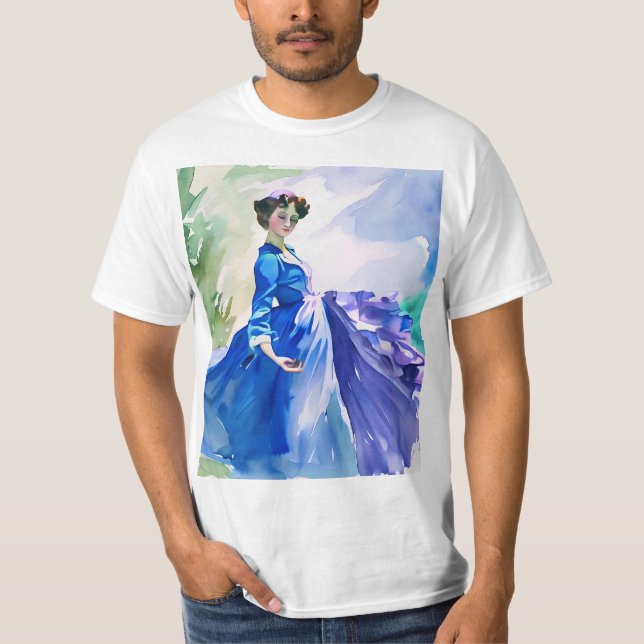 Camiseta Lady in Blue Vress - Pintura por Aquarela (Frente)