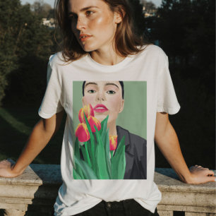 Camiseta Lady With Tulip Green & Orange Modern Graphic