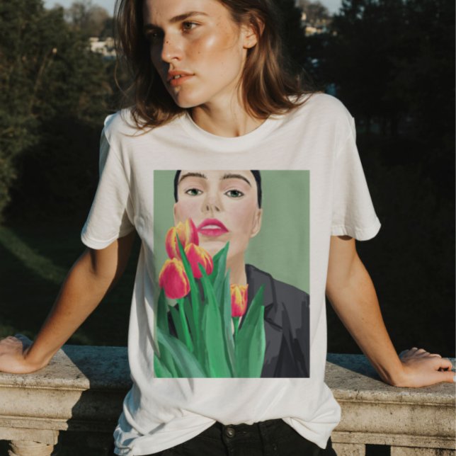 Camiseta Lady With Tulip Green & Orange Modern Graphic (Chic, fashionable, elegant, modern with lady in red orange tulip graphic hand-drawn painting.)