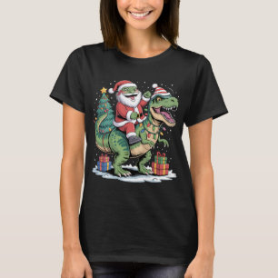 Camiseta Lagarto de Natal Aplaudindo em Cima de um Dinossau