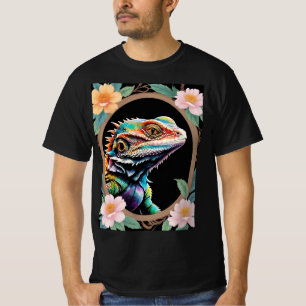 Camiseta Lagarto Dragão Barbudo Floral em Moldura Oval de M