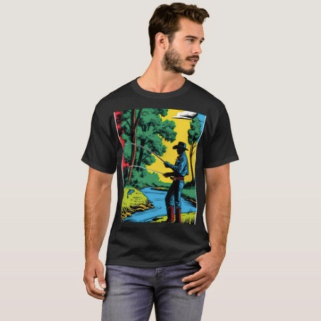 Camiseta Lagarto Folhas & Cor ( Retro Cowboy Fishing Riverside Scene T-Shirt for Men Aesthetic Custom Black Tee
)