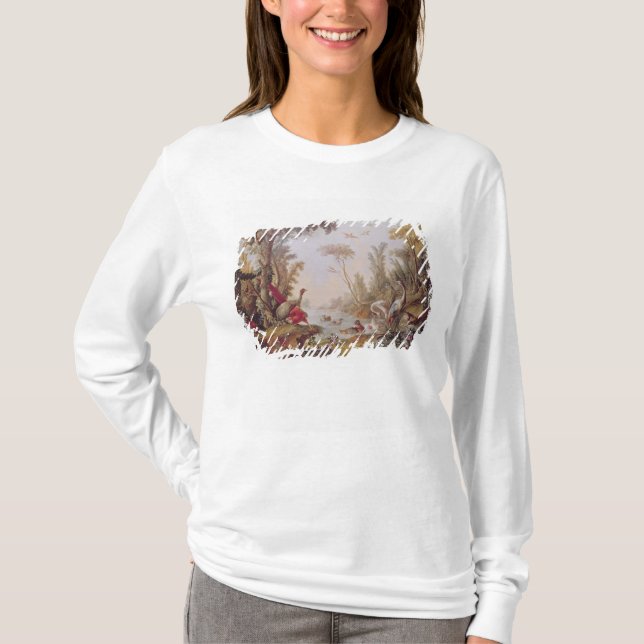 Camiseta Lago com gansos, cegonhas, papagaios e (Frente)