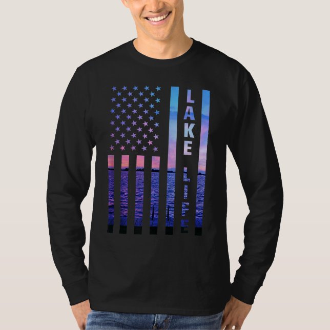 Camiseta Lago Life American Flag Dock Sunset Wakeboarder Po (Frente)
