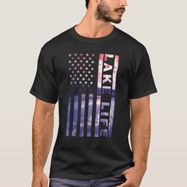 Camiseta Lago Life American Flag Dock Sunset Wakeboarder Po (Frente)