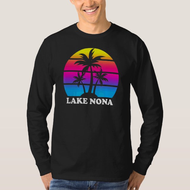Camiseta Lago Nona Florida Retro Palm Tree Sunset Vacing (Frente)