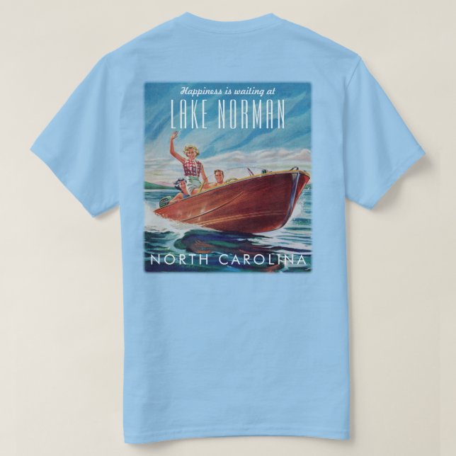Camiseta Lago Norman North Carolina Retro Boat Back Impress (Verso do Design)
