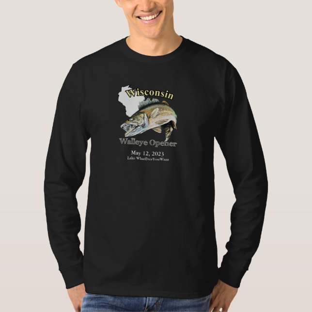Camiseta Lago Personalizado/Data em Wisconsin Walleye Opene (Frente)