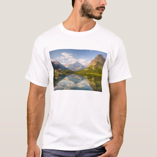 Camiseta Lago Swiftcurrent com o hotel Many Glacier e (Frente)
