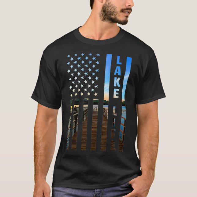 Camiseta Lake Life American Flag Dock Sunset Power Boat Wak (Frente)