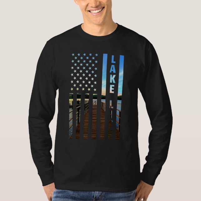Camiseta Lake Life American Flag Dock Sunset Power Boat Wak (Frente)