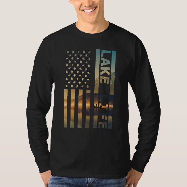 Camiseta Lake Life American Flag Dock Sunset Wakeboarder Po (Frente)
