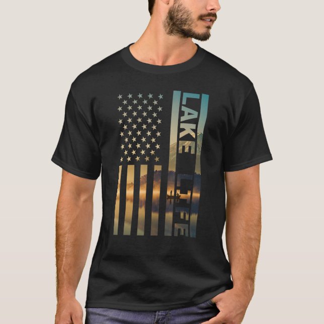 Camiseta Lake Life American Flag Dock Sunset Wakeboarder Po (Frente)