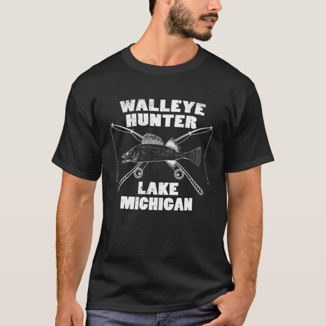 Camiseta Lake Michigan Walleye Hunter fishing rod fishing t (Frente)