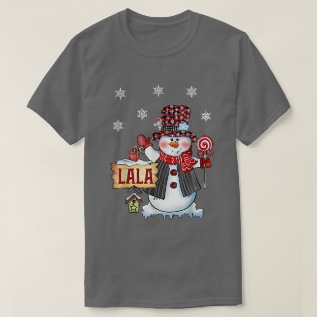 Camiseta Lala Snowman - Papais noeis de Xadrez Vermelha Can (Frente do Design)
