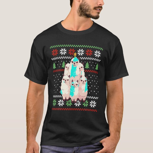 Camiseta lama árvore de Natal ilumina animais alpacos amant (Frente)