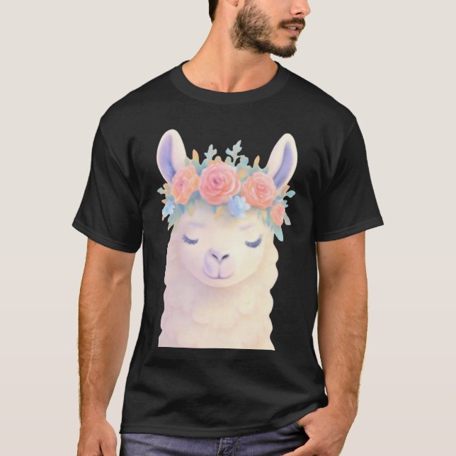 Camiseta Lama Bonita com Design de Pastel da Coroa Flor (Frente)