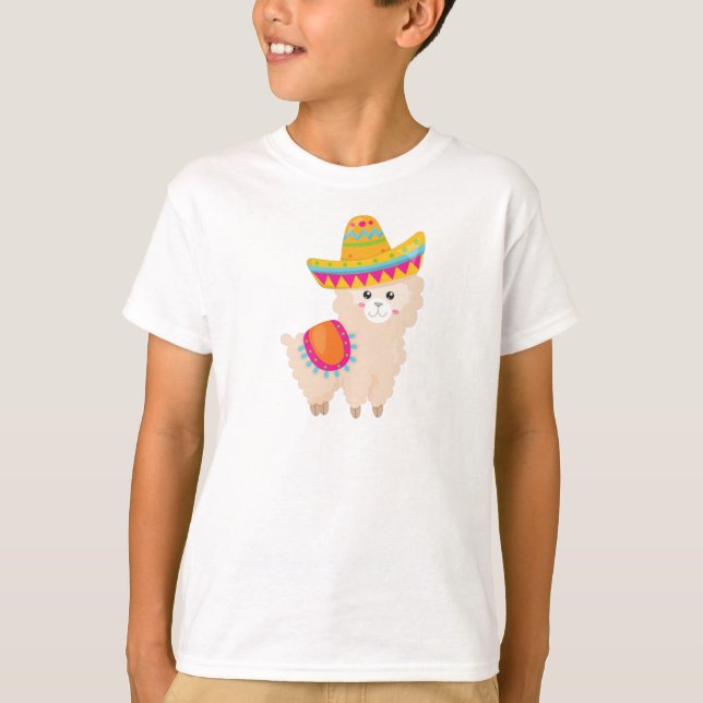 Camiseta Lama mexicano, Cute Llama, Cute Alpaca, Sombrero (Frente)