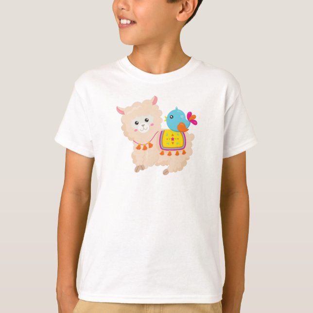 Camiseta Lama Mexicano, Lama Cute, Alpaca Cuta, Pássaro Azu (Frente)