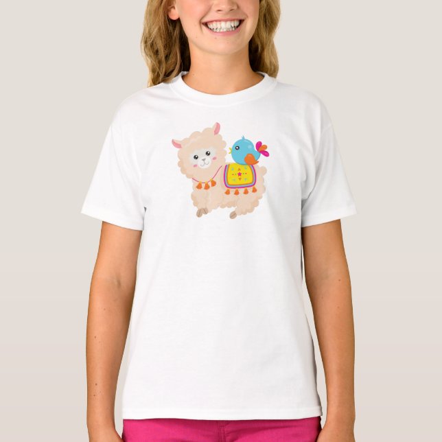 Camiseta Lama Mexicano, Lama Cute, Alpaca Cuta, Pássaro Azu (Frente)