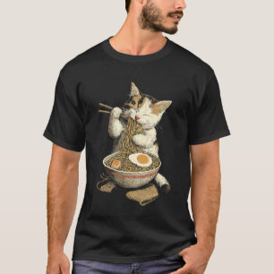 Camiseta Lamen estilo japonês gato fofo comendo macarrão
