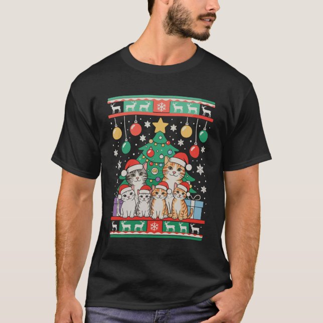 Camiseta Lâmpadas de árvore de Natal feia de gato Natal Fer (Frente)