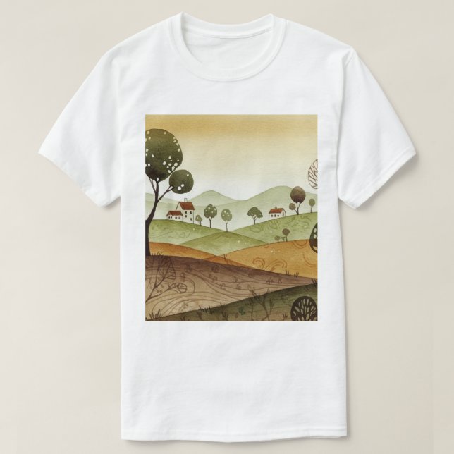 Camiseta landscape of hills with small houses (Frente do Design)