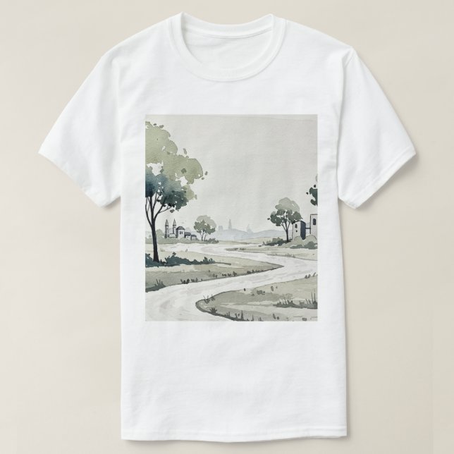 Camiseta landscape of hills with small houses (Frente do Design)