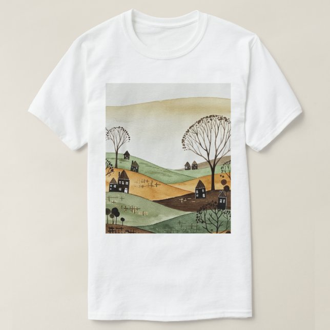 Camiseta landscape of hills with small houses (Frente do Design)