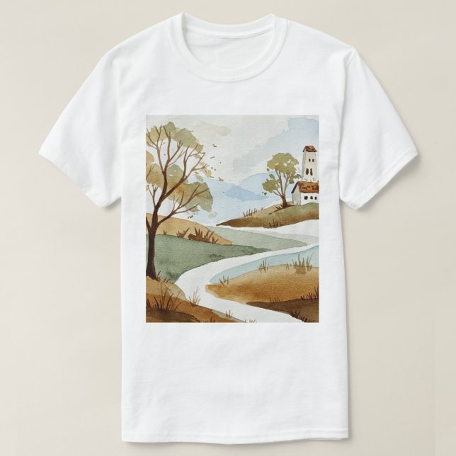 Camiseta landscape of hills with small houses (Frente do Design)