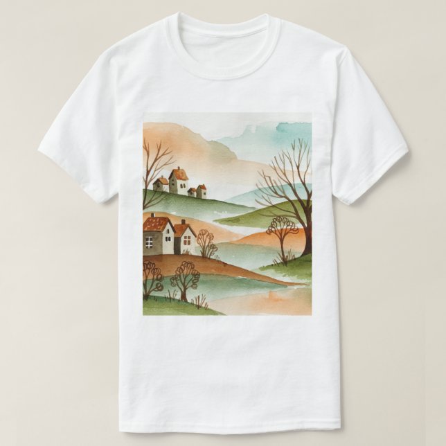 Camiseta landscape of hills with small houses (Frente do Design)