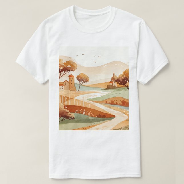 Camiseta landscape of hills with small houses (Frente do Design)